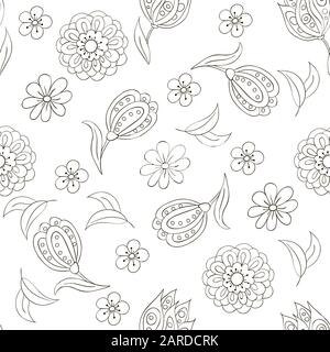 Motivo senza cuciture con fiori primaverili. Copertina, sfondo. Bianco e nero Illustrazione Vettoriale