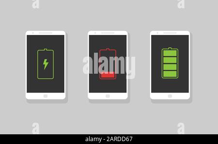 Smartphone con icona della batteria. Segni di batteria rossa scarica e verde carica Illustrazione Vettoriale