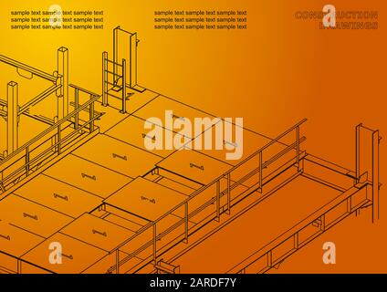 Edificio. Costruzioni metalliche. Costruzioni volumetriche. Design 3D. Riassunto. Arancione Illustrazione Vettoriale