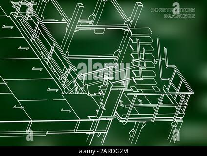 Edificio. Costruzioni metalliche. Costruzioni volumetriche. Design 3D. Sfondo astratto. Verde Illustrazione Vettoriale