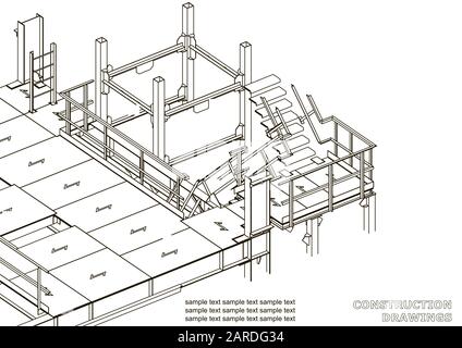 Edificio. Costruzioni metalliche. Costruzioni volumetriche. Design 3D. Sfondi astratti. Coperchio Illustrazione Vettoriale