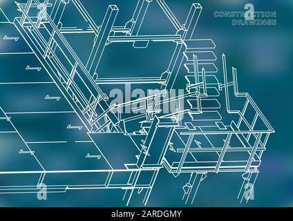 Edificio. Costruzioni metalliche. Costruzioni volumetriche. Design 3D. Sfondo astratto. Blu Illustrazione Vettoriale