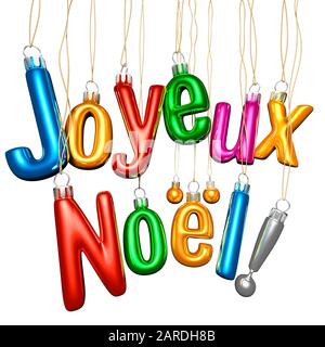 Joyeux Noel. Tipografia Di Natale. Baubles di vetro su sfondo bianco. Saluto. Francese Foto Stock