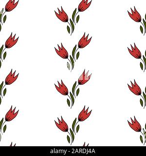 Motivo floreale senza cuciture. Motivo per tessuto, trellis. Tulipani. Strisce di tulipani su sfondo bianco Illustrazione Vettoriale
