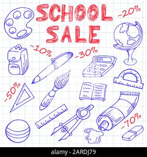 Ritorno a scuola. Vendita scolastica. Disegno di vernici su un foglio da un notebook. Disegno a mano Illustrazione Vettoriale