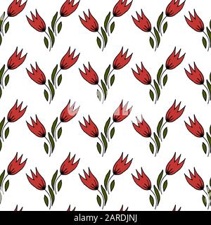 Motivo floreale senza cuciture. Motivo per tessuto, trellis. Tulipani. Bouquet di fiori su sfondo bianco Illustrazione Vettoriale