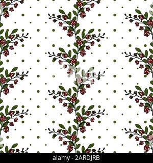Motivo floreale senza cuciture. Infiorescenza rosa. Molte foglie. Strisce di fiori su sfondo bianco. Sfondo in pois polka Illustrazione Vettoriale