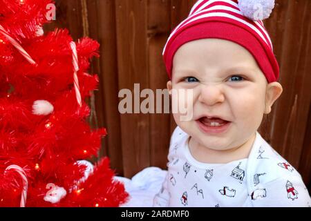 Carino ragazzino con cappello rosso e bianco e un sorriso malizioso che decorano un albero di Natale rosso con caramelle Foto Stock