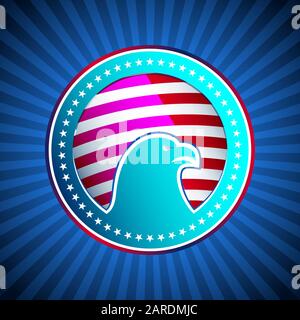 Medaglia dell'aquila calva americana, stelle e strisce della bandiera statunitense sullo sfondo dei raggi blu; i simboli nazionali dell'America stilizzata Illustrazione Vettoriale