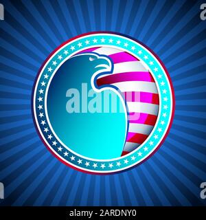 Medaglia dell'aquila calva americana, stelle e strisce della bandiera statunitense sullo sfondo dei raggi blu; i simboli nazionali dell'America stilizzata Illustrazione Vettoriale