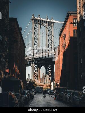 Manhattan Bridge da DUMBO, Brooklyn NY Foto Stock