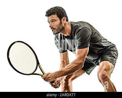 un uomo caucasico maturo giocatore di tennis in studio isolato su sfondo bianco Foto Stock