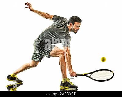 un uomo caucasico maturo giocatore di tennis in studio isolato su sfondo bianco Foto Stock