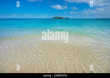 Acqua limpida e sabbia bianca sulla spiaggia di Putney, Great Keppel Island, Queensland Foto Stock