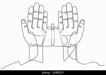 Arte di linea continua o Disegno Di Una linea di preghiera culto della mano cristiano. La Terapia Eucaristica Benedice Dio Aiutando Il Repulsore Cattolico La Quaresima Mente Pregare. L Illustrazione Vettoriale