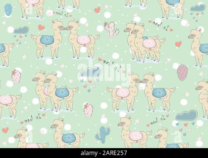 Bianco senza giunture llama pattern su sfondo scuro con nuvole con cuori e cactus. Il giorno di San Valentino. Disegnata a mano in stile scandinavo. Vector Illust Illustrazione Vettoriale