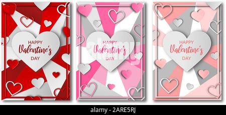 imposta le carte dei giorni valentine con i cuori in stile papercut Illustrazione Vettoriale