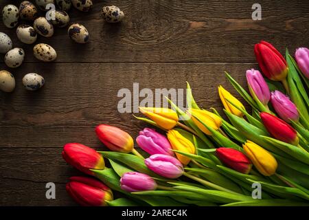 Disposizione creativa di tulipani e uova di quaglia su sfondo rustico di legno per l'8 marzo, giorno internazionale delle donne, compleanno, giorno delle San Valentino o madri Foto Stock