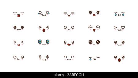 Kawaii icone espressioni facce carine smile emoticon. Gli Emoji giapponesi Illustrazione Vettoriale