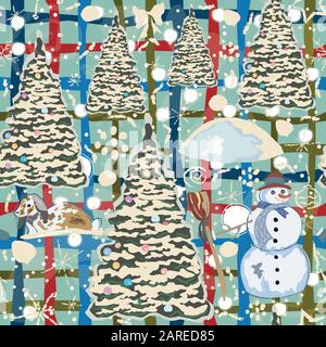 Colorato modello invernale con pupazzo di neve, decorato di abeti e bunny nella neve. Collezione Invernale. Illustrazione Vettoriale Illustrazione Vettoriale