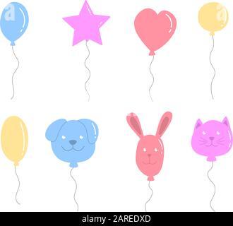 Set di palloncini in varie forme e colori. Stile disegnato a mano Illustrazione Vettoriale