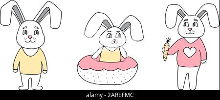 Set di conigli cute stile disegnato a mano, carino fumetto personaggio animale divertente. Illustrazione Vettoriale