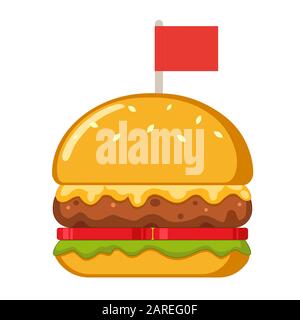 Hamburger con bandiera rossa, insalata, carne, pomodoro e formaggio. Logo fast food. Menu del caffè e del ristorante. Immagine vettoriale isolata su sfondo bianco. Illustrazione Vettoriale