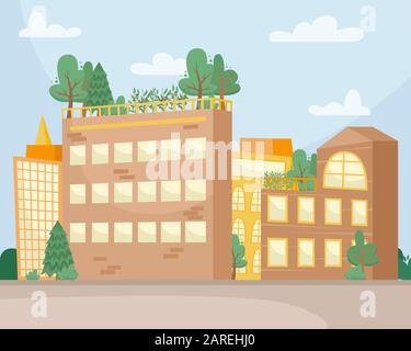 Letti con piantine per la coltivazione di verdure sul tetto di un edificio. Consumo ambientale. Città fattoria. Illustrazione Vettoriale