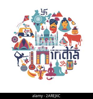 India asia set paese vettore architettura indiana tradizioni asiatiche buddismo isolato di viaggio icone. Illustrazione Vettoriale