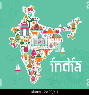 Simboli tradizionali sotto forma di mappa dell'India su blu Illustrazione Vettoriale