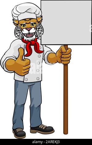 Wildcat Chef Cartoon Ristorante segno mascotte Illustrazione Vettoriale