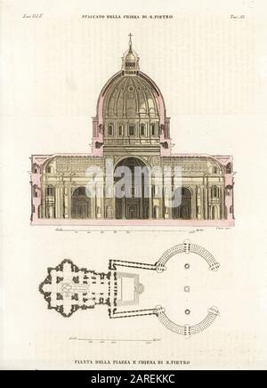 Sezione trasversale e pianta della Basilica di San Pietro, Roma. Staccato della Chiesa di S. Pietro. Pianta della Piazza e Chiesa di S. Pietro. Incisione su coppetta a mano di Corsi Dai Costumi di Giulio Ferrario Antico E Moderno dei popoli del mondo, il Costume Antico e moderno, Firenze, 1843. Foto Stock