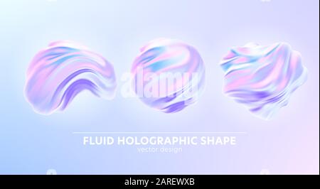 Set di modelli realistici Alla Moda con forma olografica 3d su sfondo blu per il design banner. Sfondo a forma di fluido. Sfondo arcobaleno. Liquido Illustrazione Vettoriale