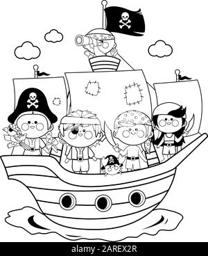 Bambini pirata, ragazzi e ragazze che navigano su una nave. Immagine vettoriale in bianco e nero Illustrazione Vettoriale