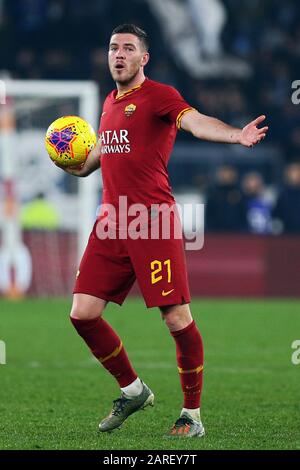 Jordan Veretout of Roma reagisce durante il campionato italiano Serie A una partita di calcio tra AS Roma e SS Lazio il 26 gennaio 2020 allo Stadio Olimpico di Roma, Italia - Foto Federico Proietti/ESPA-Images Foto Stock