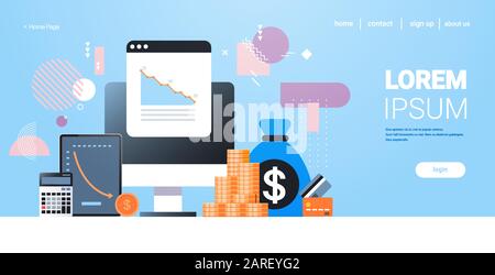 diagrammi di caduta grafici crisi finanziaria economica mercato azionario fallimento degli investimenti bilancio collasso concetto borsa carta di credito calcolatrice tablet computer monitor con dati immagine vettoriale orizzontale Illustrazione Vettoriale