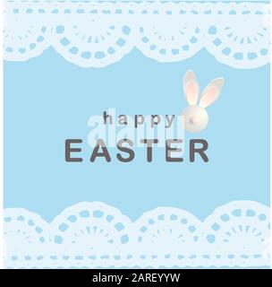 Buona Pasqua. Biglietto d'auguri con coniglio coniglietto. Poster di Pasqua, cartolina, volantino. Pizzo e colore blu. Immagine vettoriale cute.. Illustrazione Vettoriale