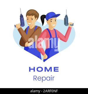 Servizio di riparazione a domicilio modello banner piatto. Riparatori con punte elettriche personaggi cartoon. Costruttori professionali, ingegneri, artigiani servizi pubblicità social media post layout Illustrazione Vettoriale