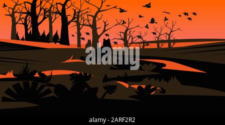 silhouette lupi che sfuggono agli incendi boschivi in australia uccelli selvatici che volano su alberi brucianti boscaglia naturale concetto di catastrofe arancione intenso fiamme orizzontale vettore illustrazione Illustrazione Vettoriale
