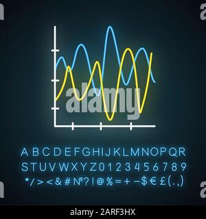 Icona della luce al neon del grafico del flusso. Tabella sismica. Ampiezze, onde di movimento. Diagramma della curva di radiazione. Visualizzazione delle vibrazioni. Segno incandescente con alfabeto, n Illustrazione Vettoriale