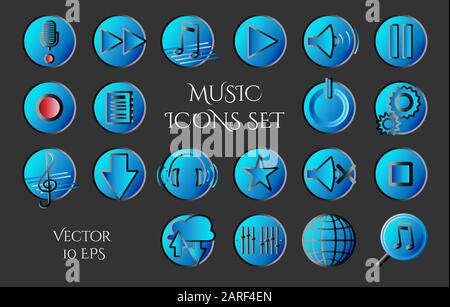 Musica e riproduzione di icone web sfumate in tonalità blu. Set di 20 icone musicali: Riproduzione, registrazione, file, volume. Illustrazione vettoriale EPS 10 Illustrazione Vettoriale