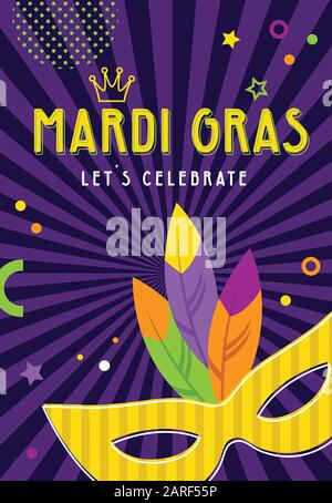 Biglietto d'auguri o inviti per il gruppo Mardi Gras. Sfondo carnevale per feste tradizionali o festival con maschere tradizionali su sfondo astratto Illustrazione Vettoriale