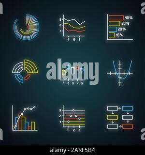 Set di icone di luci al neon cartografiche e grafiche. Istogramma orizzontale. Area cartografica. Curva di funzione. Diagramma radiale. Curva Pareto. Grafico della figura. Connessione dati. G Illustrazione Vettoriale