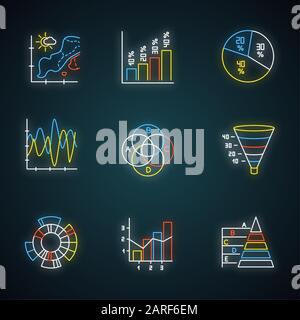 Set di icone di luci al neon cartografiche e grafiche. Mappa della temperatura. Istogramma verticale. Diagramma a torta. Grafico imbuto. Diagramma Venn. Grafico Sunburst. Grafico misto. Piram Illustrazione Vettoriale
