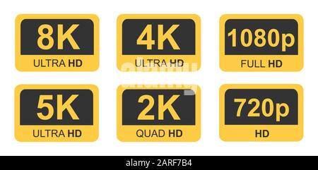 Golden 8K, 4K, 5k Ultra HD Video Resolution Icona Logo High Definition TV Game Monitor Illustrazione Vettoriale