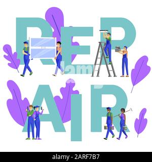 Servizi di riparatore banner concetto di parola. Allegri elettricisti, tecnici, pittori e manutentori cartoon personaggi. Professionista workman e handyman promo social media post design Illustrazione Vettoriale