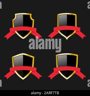 Set di scudi neri e dorati con nastri rossi. Emblemi di protezione. Simboli di sicurezza Illustrazione Vettoriale