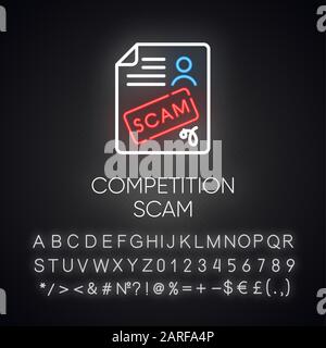 Icona della luce al neon della truffa della concorrenza. Frode di deposito di denaro. Falso scamming premio. Pagamento anticipato. Truffa finanziaria. Segno incandescente con alfabeto, numeri a Illustrazione Vettoriale