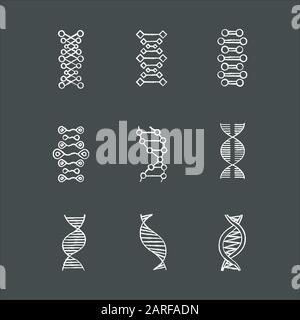 Set di icone gessetto a doppia elica DNA. Acido nucleico deossiribonucleico. Trefoli spiralanti. Cromosoma. Biologia molecolare. Codice genetico. Genoma. Genetica. Io Illustrazione Vettoriale