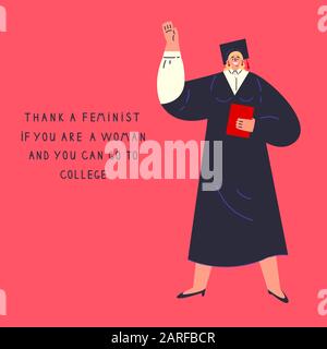 Felice università laureato girl.Feminism concetto. Illustrazione Vettoriale